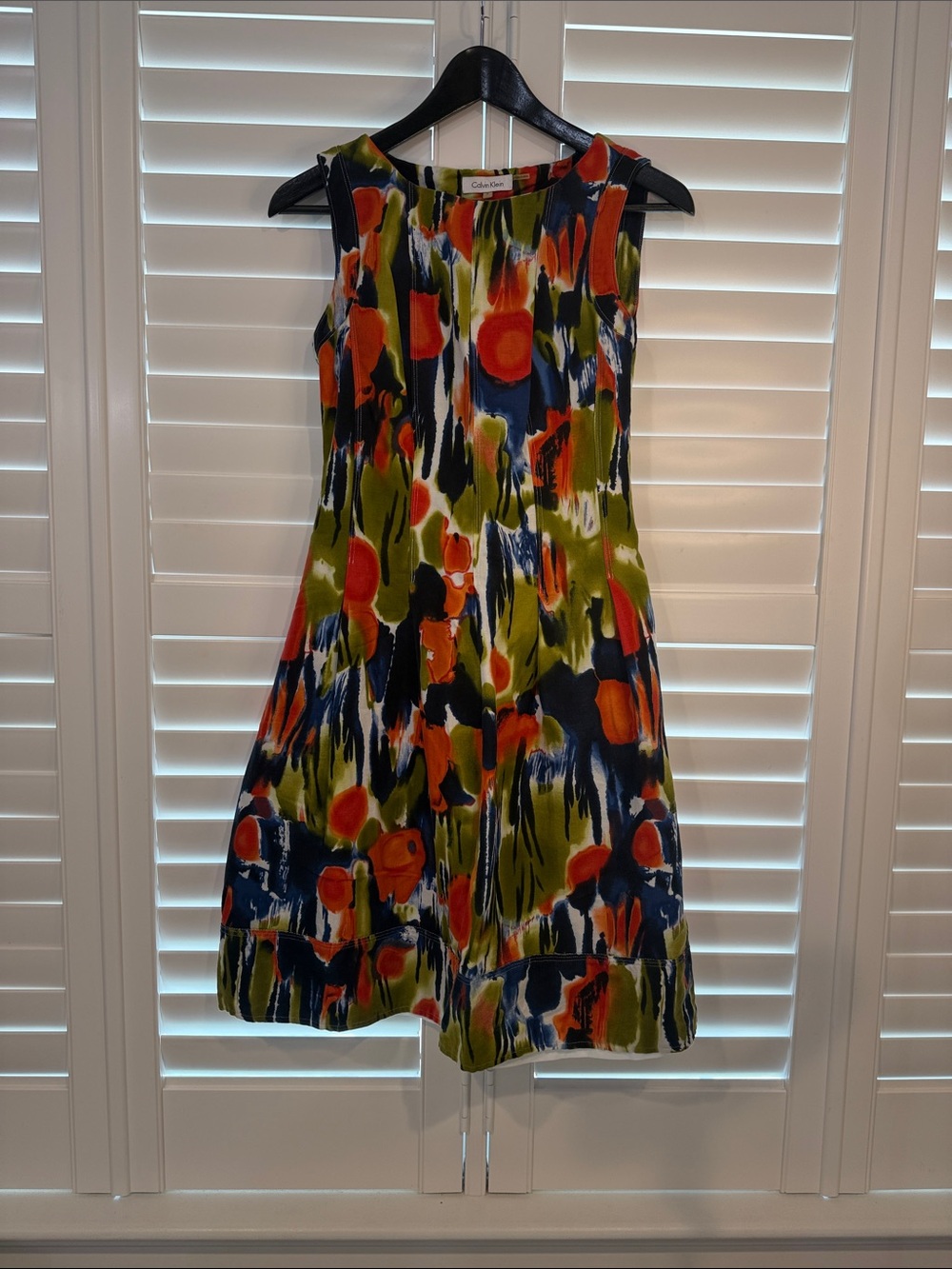 Calvin Klein Olive, Navy & Orange Abstract Print Sleeveless Mini Dress